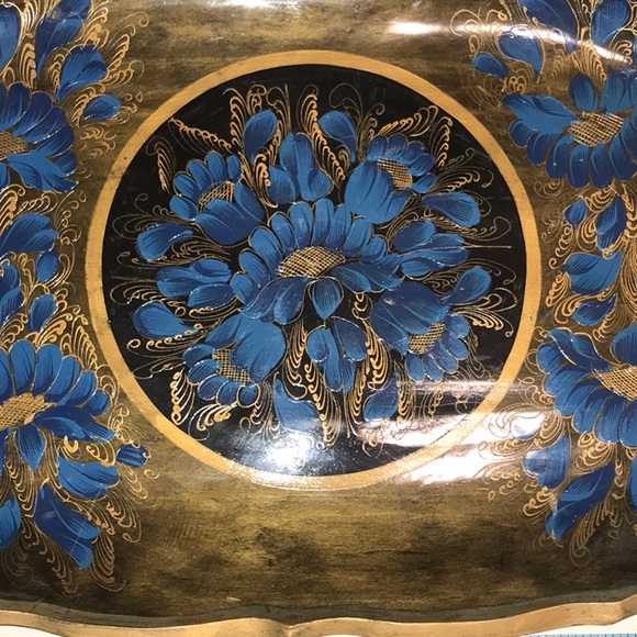 Wooden Mexican Batea Tray Blue Floral Lacquered Handmade Floral Folk A… - Picture 9 of 14